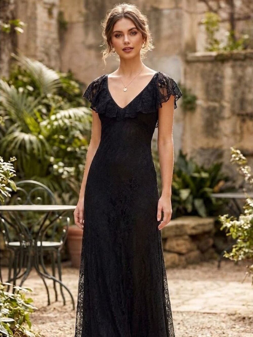 Thirty Thirty Black Lace Maxi Dress V-Neck Flutter Sleeve Romantic Gothic XS